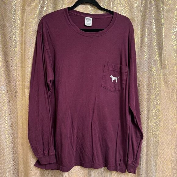 PINK Victorias Secret Maroon Rhinestone Glitter Campus Long Sleeve Top Large - Picture 2 of 8